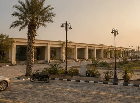 Palm tree and forecourt outside the arcade at dusk